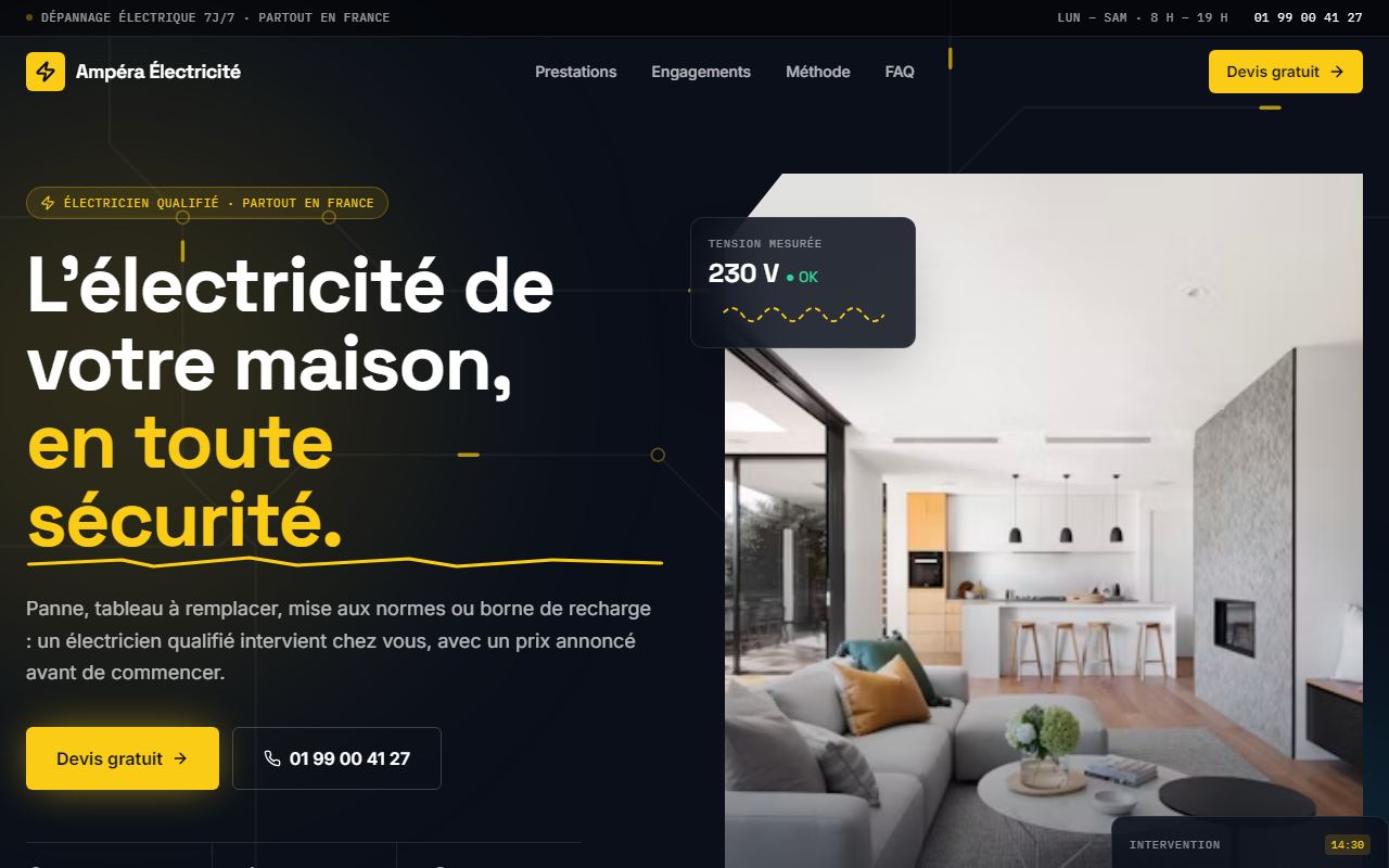 Page d'accueil d'un site de démonstration réalisé par Sitely pour un électricien